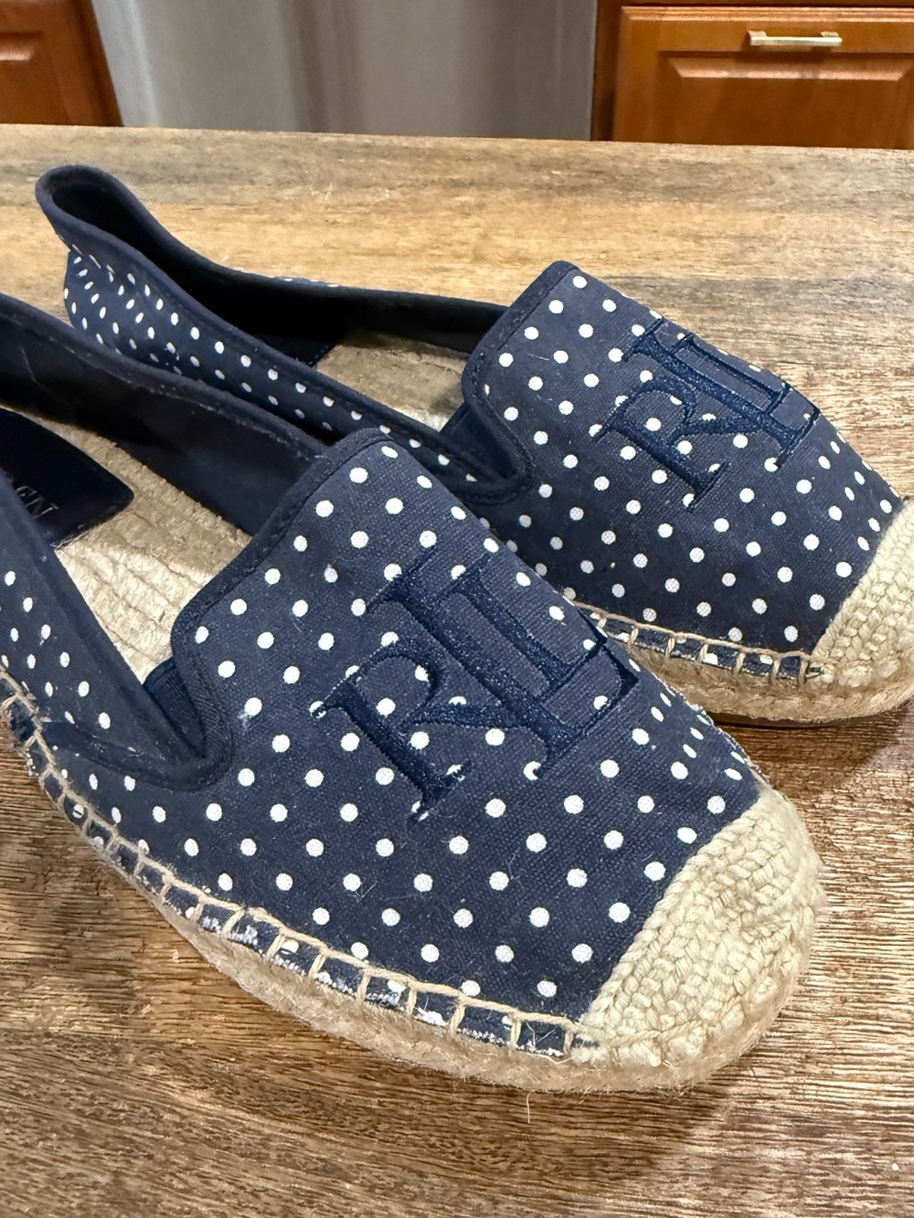 Lauren Ralph Lauren Navy and White Polka Dot Espadrille Flats